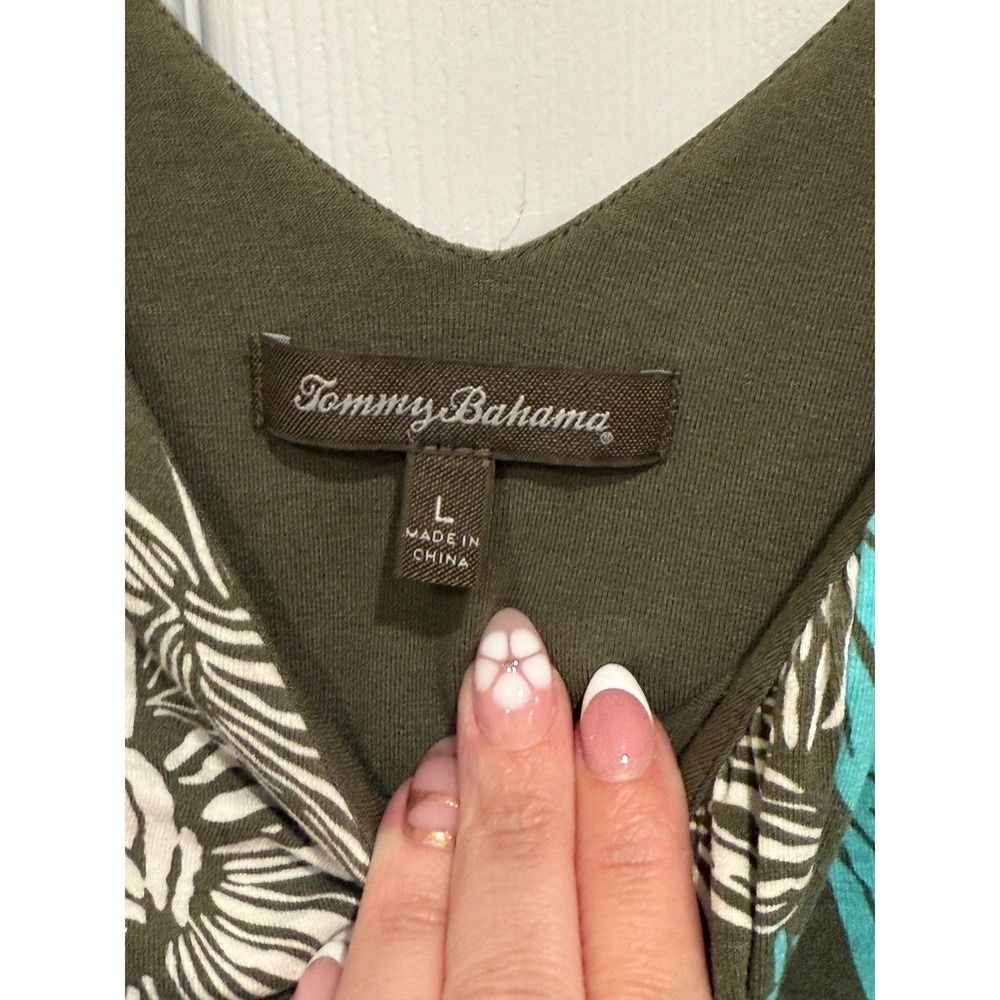 Tommy Bahama Floral Twist Front V-Neck Dress Olive Turquoise White Size L - Picture 3 of 6